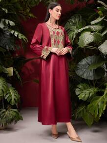 Al Najma 勃艮第红色女士金色刺绣编织腰带阿拉伯风格连衣裙 - 酒紅色 - 查看 3