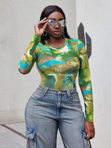 VaVaBold Vòng cổ Đầy màu sắc In Tay áo dài Áo thun - màu xanh lá - Xem 4