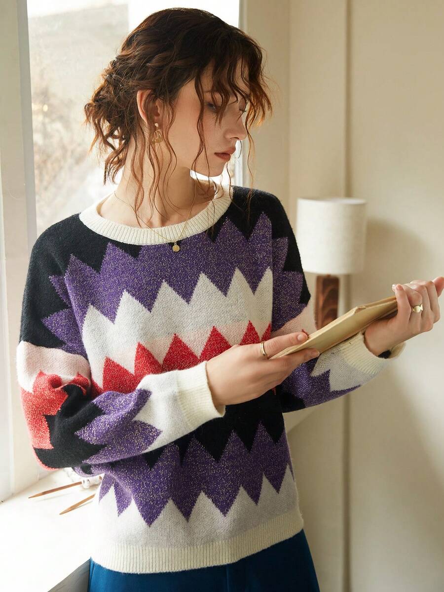 Knit Mix 休闲撞色 V 形针织套衫，图案随机搭配 - 彩色 - 查看 1