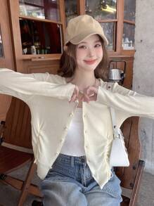 DAZY Áo khoác cardigan dài tay xếp ly hở phía trước cho nữ, trang phục mùa thu - Màu be - Xem 4