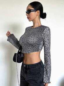 DAZY Short Crop Long Sleeve Leopard Print Round Neck Tie-Dye Elastic Women's T-Shirt Cheetah Print,Fall Clothes - Grey - View 4