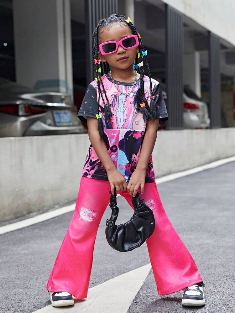 2pcs Young Girls' Cartoon Star & Anime Characters Pattern Round Neck Short Sleeve T-Shirt And Ripped Print Flared Pants Set For Summer
