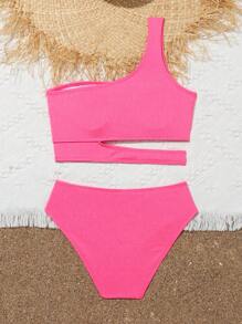 Tween Girl One Shoulder Ribbed Tankini - Pink - View 2