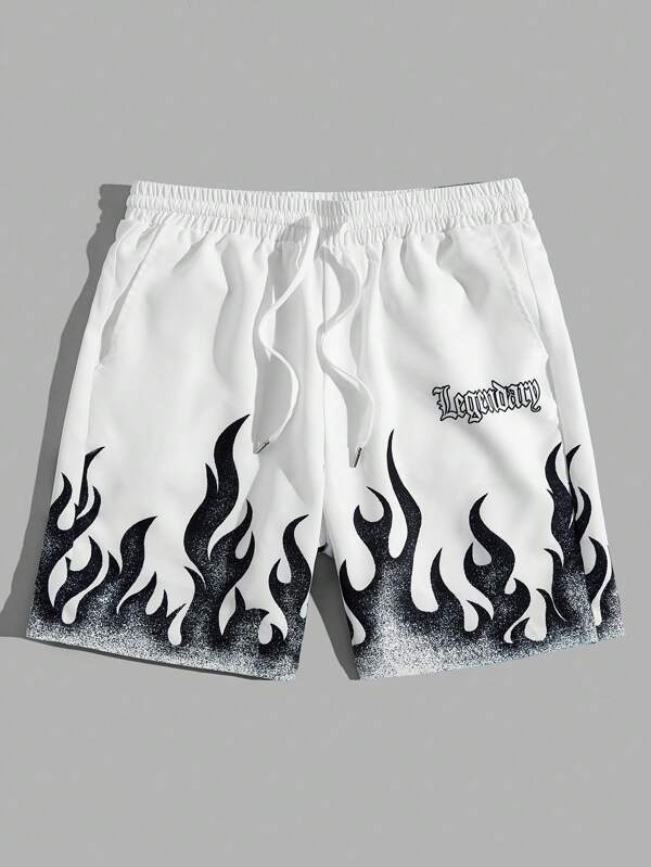Manfinity VCAY Men's Woven Casual Shorts, Football Style With Flame Letter Print Pattern Graphic Fire