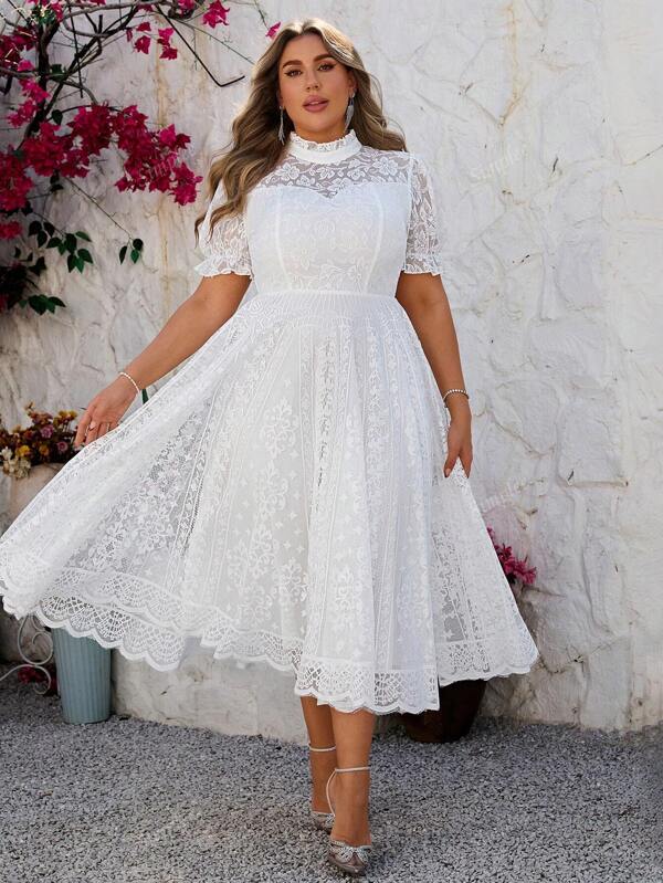 Simplee Plus Size Women Stand Collar Lace A-Line Long Dress, Party Dress For 4th Of July, Birthday