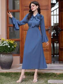 Modelyn 女士3d花裝飾荷葉袖連衣裙 - 霧霾藍 - 查看 4