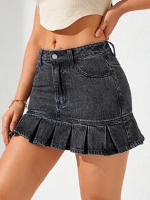 SHEIN Privé 女用褶皺下擺迷你牛仔裙 - 黑色 - 查看 3