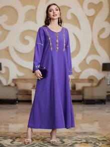 Al Najma Women's Jewel Decor Long Sleeve Arabic Style Dress - Purple - View 4