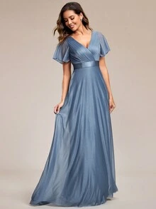 Vestido de fiesta elegante con lentejuelas, cuello en V brillante con mangas con volantes, vestido de dama de honor azul claro, vestido de noche formal/cóctel semiformal para boda de primavera - Neblina azul - Ver 6