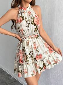 SHEIN Privé Women's Floral Printed A-Line Halter Neck Dress With Ruffle Hem - Multicolor - View 4