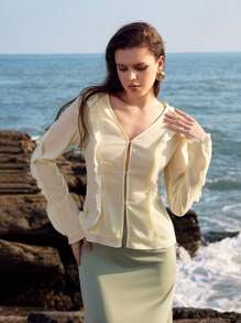 Anewsta 有褶邊的半透明紗布上衣 - 杏色 - 查看 7