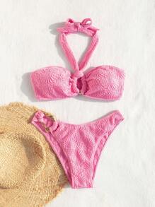 Swim Mod 女士纹理吊带分体比基尼套装夏季海滩 - 粉色 - 查看 5