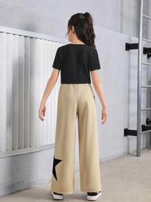 Cô gái Tween Dệt kim Màu thuần Cổ vuông Ngắn tay Áo Và Dệt kim Quần thể thao Bộ , Thể thao Phong cách đường phố - Màu be - Xem 2