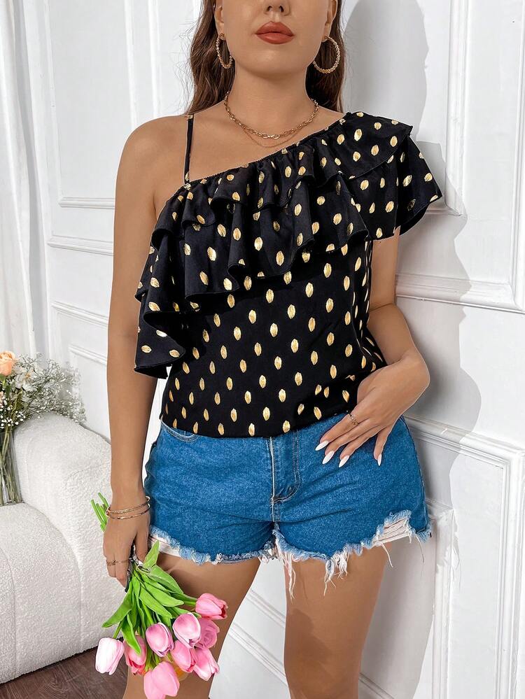 Plus Size Women's Asymmetrical Collar Gold Dot Print Shirt With Ruffle Trim One Shoulder Top