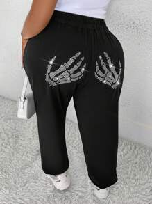 SHEIN Coolane Kích thước lớn Pha lê Sọ Và Tay Mẫu Quần thể thao - màu đen - Xem 1