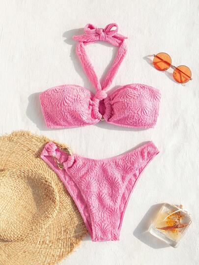 Swim Mod Women's Textured Halter Neck Separated Bikini Set Summer Beach