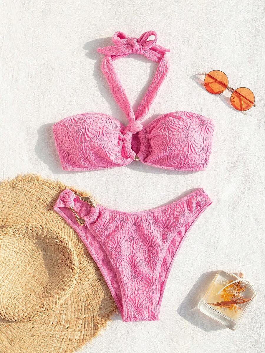 Swim Mod 女士纹理吊带分体比基尼套装夏季海滩 - 粉色 - 查看 1
