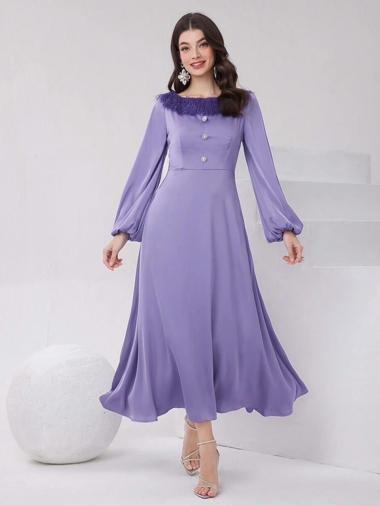 Women's Fuzzy Decorated Lantern Sleeve Dress, Long Evening Dresses
