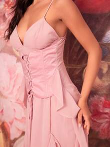 Ruffle Trim Split Thigh Cami Dress - Baby Pink - View 5