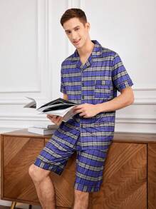 Men's Plaid Short Sleeve Homewear Set - Purple - View 1