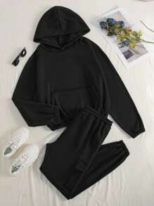 INAWLY Của phụ nữ Màu thuần Thể thao Giản dị Áo nỉ có mũ Bộ - màu đen - Xem 8