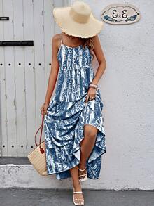 BTFBM Vestido De Cuello Redondo Con Dobladillo De Volantes E Impresión Abstracta