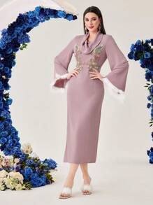 Modelyn 女式垂坠领羽毛拼布开衩连衣裙长款晚礼服 - 粉色 - 查看 7