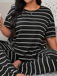 Plus Size Black & White Striped Short Sleeve Pajama Top