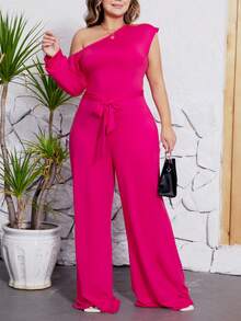 Plus Size Sexy Asymmetrical Neckline Belted Wide Leg Jumpsuit - Hot Pink - View 6