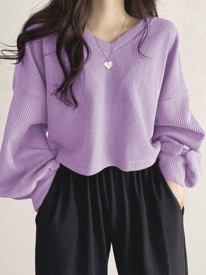 DAZY 女式 V 领落肩长袖 T 恤，秋季服装短款女式上衣