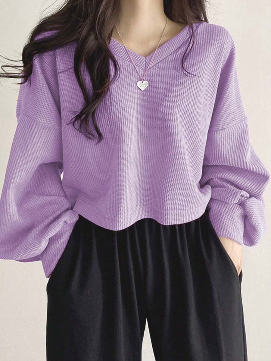 DAZY 女式 V 领落肩长袖 T 恤，秋季服装短款女式上衣