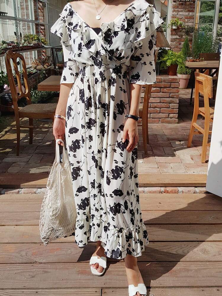 Women's Floral Print Splice Dress With Ruffle Hem Sundress Vacation Outfits Women Boho
