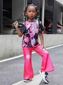 SHEIN 2入組少女動漫明星和動漫人物圖案圓領短袖t恤和破洞印花喇叭褲套裝,夏季穿著 - 黑色 - 查看 3