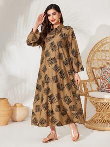 Al Najma 女款長袖印花翻領全長阿拉伯風格連衣裙 - 駝色 - 查看 3