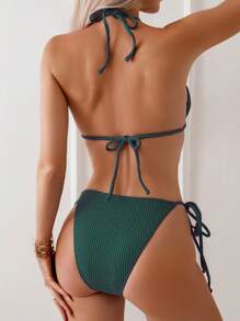 SHEIN Swim 2026春夏特製面料橄欖綠細肩帶掛脖圓環裝飾側綁帶高衩丁字褲比基尼兩件式泳衣女款 - 墨綠色 - 查看 7