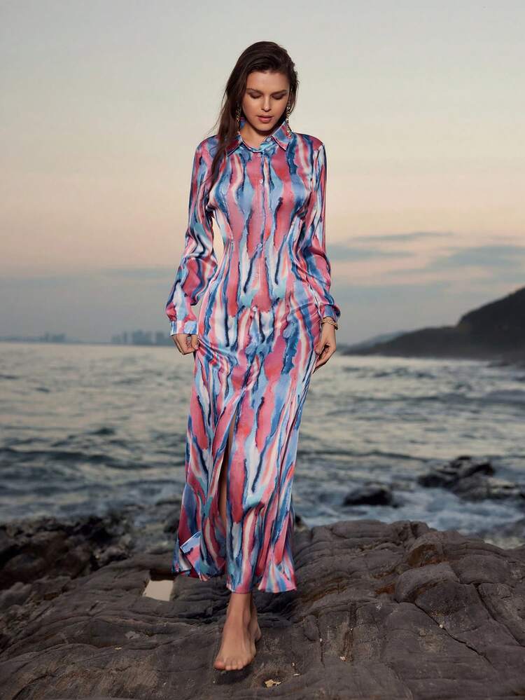 Women's Full Print Long Sleeve Shirt Dress