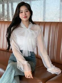 DAZY 女式荷叶边袖网眼雪纺衬衫外出上衣，荷叶边透视，返校服长袖上衣