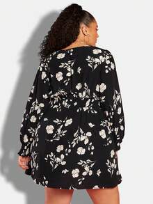 SHEIN CURVE+ Plus Size Women's Floral Printed Lantern Sleeve Dress - Multicolor - View 2