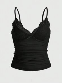 ROMWE PUNK Plus Size Solid Color Contrast Lace Cami Top, School, Summer