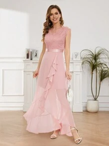 Vestido Largo De Fiesta Con Encaje Y Tul Con Cuello En V