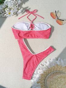 Swim Mod Summer Beach Women's Wavy Check Pattern Lace Trim Bandeau Bikini Set Valentine - Pink - View 2