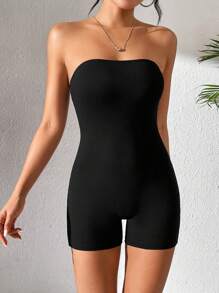 SHEIN PETITE Quý cô Màu thuần Quây Romper - màu đen - Xem 4