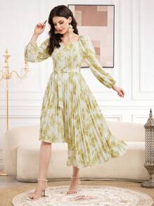 Modelyn Vestido largo de noche con estampado floral, cuello corazón, mangas farol y bajo asimétrico