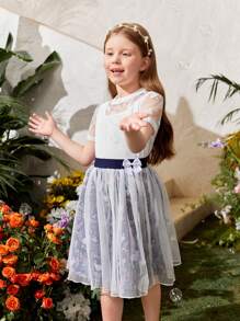 SHEIN 年轻女孩网眼撞色圆领上衣和花卉印花裙套装 - 彩色 - 查看 5