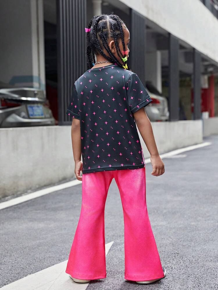 2pcs Young Girls' Cartoon Star & Anime Characters Pattern Round Neck Short Sleeve T-Shirt And Ripped Print Flared Pants Set For Summer