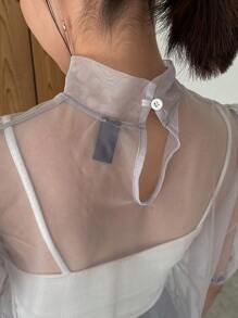 FRIFUL 女性短袖網眼上衣,荷邊設計下擺 - 灰色 - 查看 7