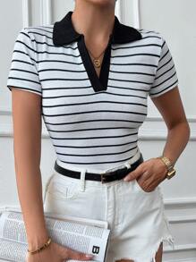 Cottnline Camiseta De Manga Corta A Rayas Con Cuello Tipo Polo Para Mujer, Estilo Universitario Informal, Material Elástico, A Granel - Blanco y Negro - Ver 6
