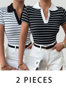 Cottnline Camiseta De Manga Corta A Rayas Con Cuello Tipo Polo Para Mujer, Estilo Universitario Informal, Material Elástico, A Granel - Blanco y Negro - Ver 1