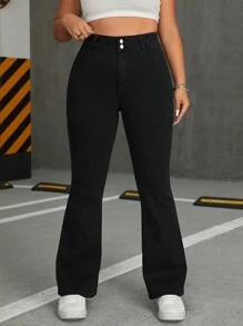 SHEIN EZwear Jeans acampanados de unicolor talla grande - Negro - Ver 3