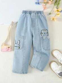 SHEIN Young Girl's Casual And Comfortable Lovely Embroidered Straight Leg Jeans Summer Holiday